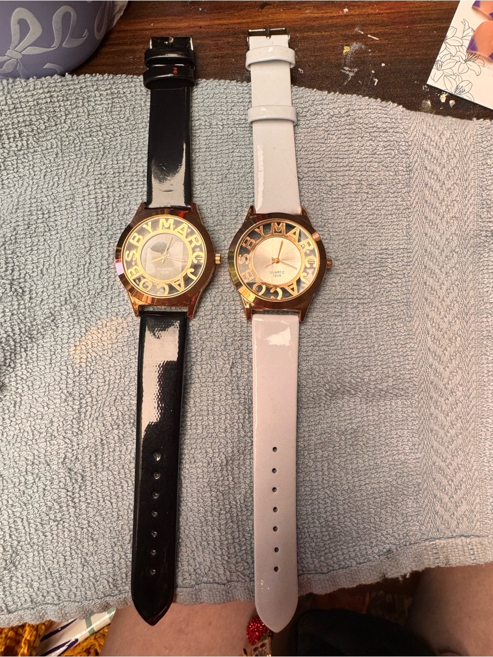Pair of Patent Leather Strap Watches with Gold-Tone Faces